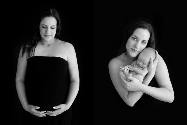fotografia preto e branco mãe segurando o bebê antes e depois gestante e newborn fotografia em são paulo pinheiros